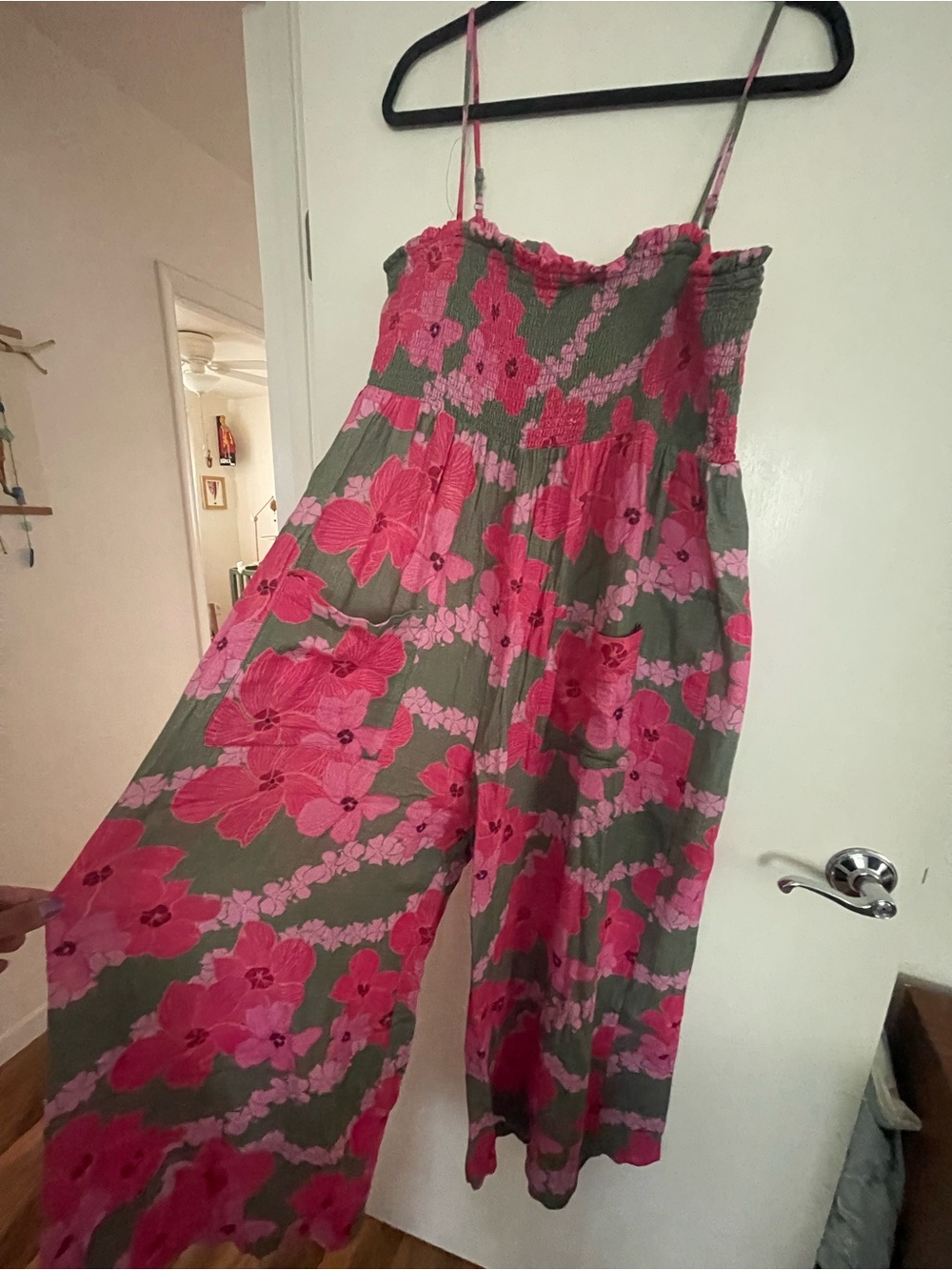 Olive & Hot Pink Floral Smocked Wide‑Leg Jumpsuit